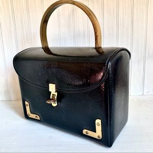 Vintage Black Vinyl Box Purse with Gold Top Handle